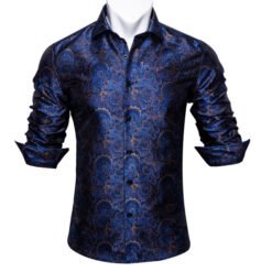 Barry.Wang Teal Paisley Floral Silk Shirts Men Autumn Long Sleeve Casual Flower Shirts For Men Designer Fit Dress Shirt BCY-05 - 6 Style, M