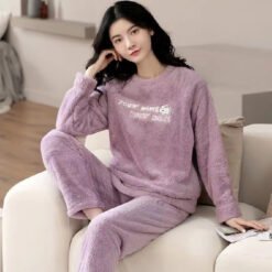 Flannel Women Pajamas Sets Sleepwear Home - Purple letter, M