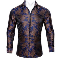 Barry.Wang Teal Paisley Floral Silk Shirts Men Autumn Long Sleeve Casual Flower Shirts For Men Designer Fit Dress Shirt BCY-05 - 7 Style, 2XL