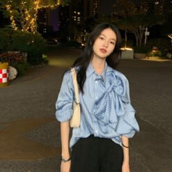Alternative view of Casual Blue Striped Shirts For Women Lapel Long Sleeve Korean Bowknot Patchwork Blouses