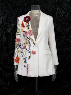 Elegant Three-dimensional Floral Embroidered Blazers - White, M