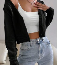 Flirla Solid Button Front Crop Cardigan Long Sleeve Tops - Black, S