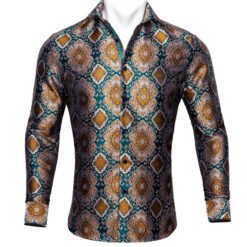 Barry.Wang Teal Paisley Floral Silk Shirts Men Autumn Long Sleeve Casual Flower Shirts For Men Designer Fit Dress Shirt BCY-05 - 19style, XL