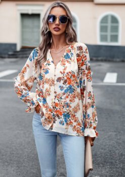 Women's Tops Casual Floral Print V Neck Long Sleeve Shirts Loose Chiffon Blouses Shirts Tops - Apricot, M