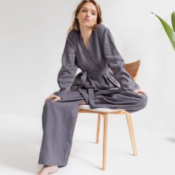 Cotton Linen Women Pajama Robe Sets Lace Up Long Sleeve 2 - Grey, L