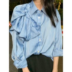 Casual Blue Striped Shirts For Women Lapel Long Sleeve Korean Bowknot Patchwork Blouses - Blue, L