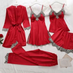 5pcs Pajama Set Women Kimono Robes Sets With Camisole And Pants - Red, L
