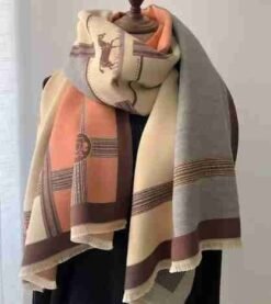 Winter Scarf Cashmere Shawl Women Color Blocked Horse Pattern Reversible Scarf With Tassel Pashmina Shawls And Wraps - pinkgrey