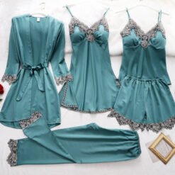 5pcs Pajama Set Women Kimono Robes Sets With Camisole And Pants - Light blue, S