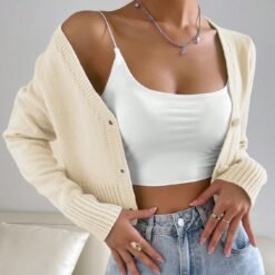 Flirla Solid Button Front Crop Cardigan Long Sleeve Tops - Apricot, M