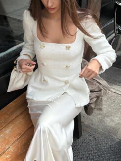 Square Neck Waist Long Sleeve Blazers - White, M