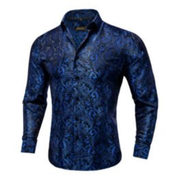 Barry.Wang Teal Paisley Floral Silk Shirts Men Autumn Long Sleeve Casual Flower Shirts For Men Designer Fit Dress Shirt BCY-05 - 29 Style, M