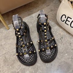 Fairy Style Roman Sandals For Women Round Toe Flats Rivet Platform Sandals For Women - Black, 36