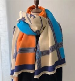 Winter Scarf Cashmere Shawl Women Color Blocked Horse Pattern Reversible Scarf With Tassel Pashmina Shawls And Wraps - pinkbule