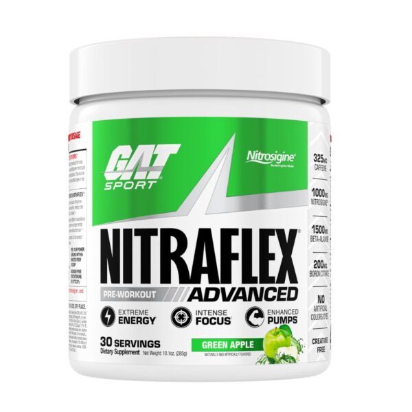 GAT SPORT Nitraflex Advanced Pre-Workout Powder, Increases Blood Flow, Boosts Strength and Energy, Improves Exercise Performance, Creatine-Free (Green Apple, 30 Servings)