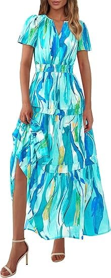 PRETTYGARDEN Women's Summer Boho Maxi Dresses Floral Short Sleeve V Neck A Line Tiered Flowy Long Beach Vacation Dress