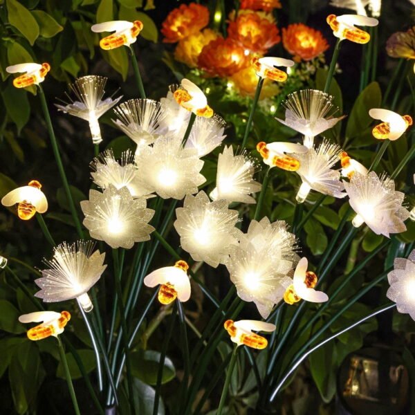 Solar Garden Lights, 2Pcs Latest Fiber Optic with 3 Bee and 6 Cherry Blossom LED Lights, Solar Outdoor Lights Waterproof