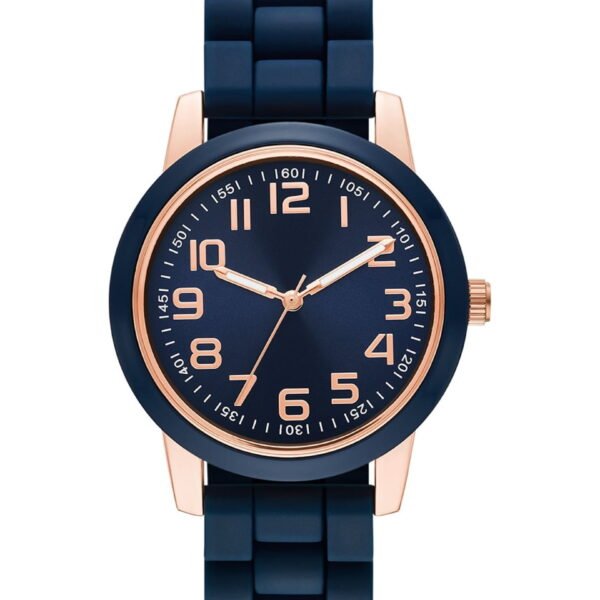 Time & Tru Women's Wristwatch: Rose Gold Case, Blue Bezel, Easy Read Dial, Silicone Strap (FMDOTT073)