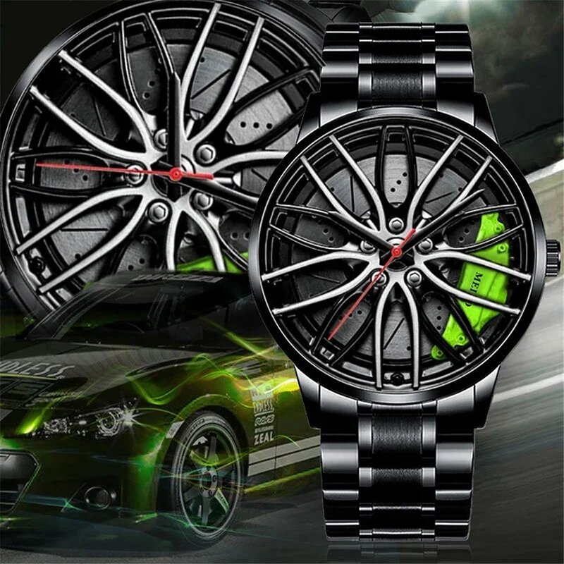 fashion men sports watches 3d car wheel stainless steel band wrist watch men's quartz watch men's watches
