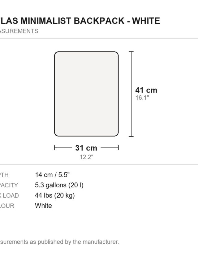 Atlas Minimalist Backpack - White - measurements diagram