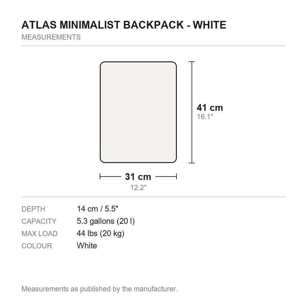 Atlas Minimalist Backpack - White - measurements diagram