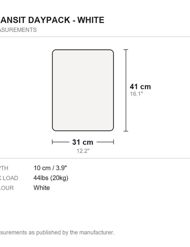 Transit Daypack - White - measurements diagram