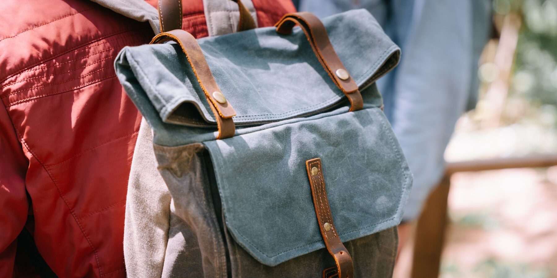 Canvas and leather backpack close up