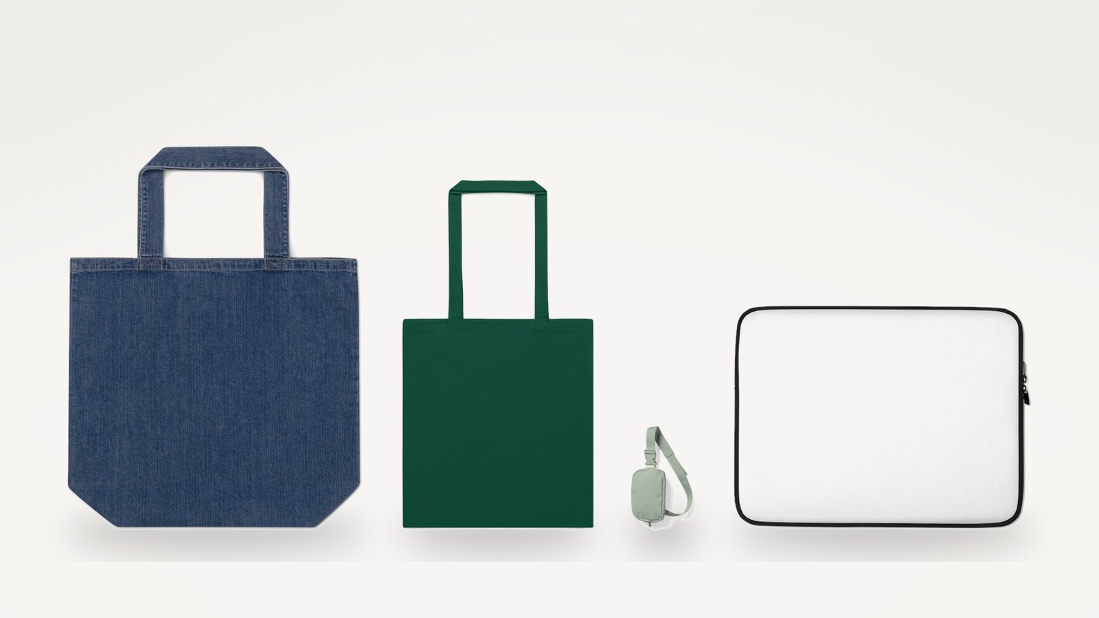 Denim, cotton, nylon and neoprene bags